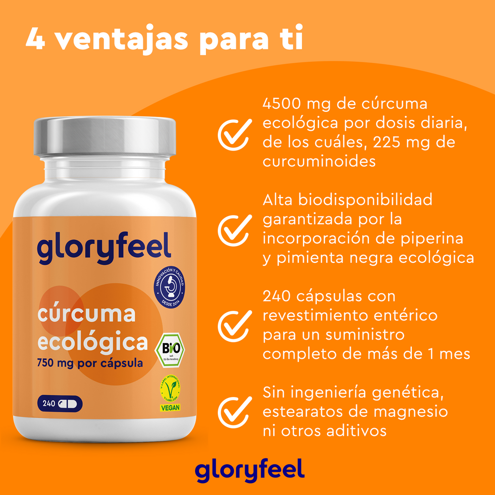Imagen de Bio Cúrcuma en cápsulas de GloryFeel GmbH España, con 4500 mg de cúrcuma y 225 mg de curcumina. Ofrece una mejor absorción, antioxidantes y no contiene aditivos. Incluye 240 cápsulas sin OMG.
