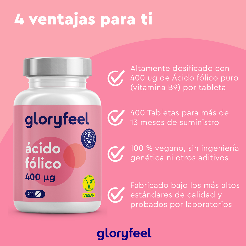 La imagen del producto Ácido Fólico (Vitamina B9) de Gloryfeel GmbH destaca su alta dosis y su presentación en 400 comprimidos, con beneficios como etiqueta vegana y garantía de calidad. Incluye comprimidos fáciles de tragar para una suplementación sin esfuerzo.
