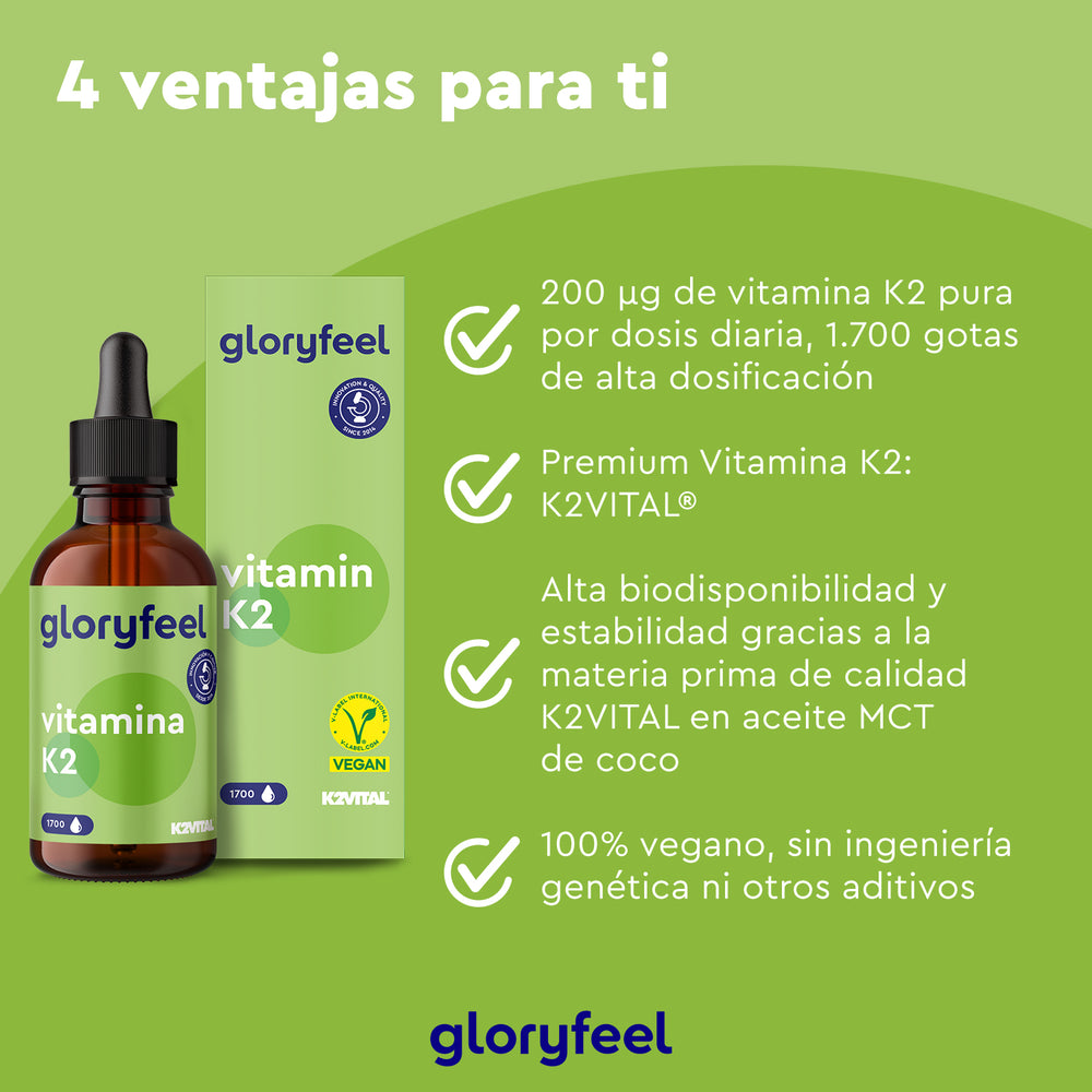 La Vitamina K2 Gotas de GloryFeel GmbH España ofrece una alta dosis de calidad premium con K2VITAL en aceite MCT, que favorece la formación ósea y la coagulación sanguínea. Es 100 % vegana y libre de ingeniería genética y aditivos.