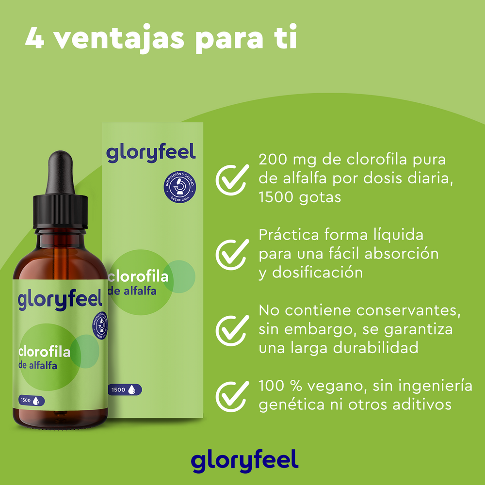 Imagen de temática verde que promociona Clorofila Gotas de GloryFeel GmbH España, mostrando su fórmula vegana, forma líquida con dosis de 1500 gotas, garantía sin conservantes, pureza marcada con marcas de verificación y enriquecida con alfalfa para beneficios adicionales.
