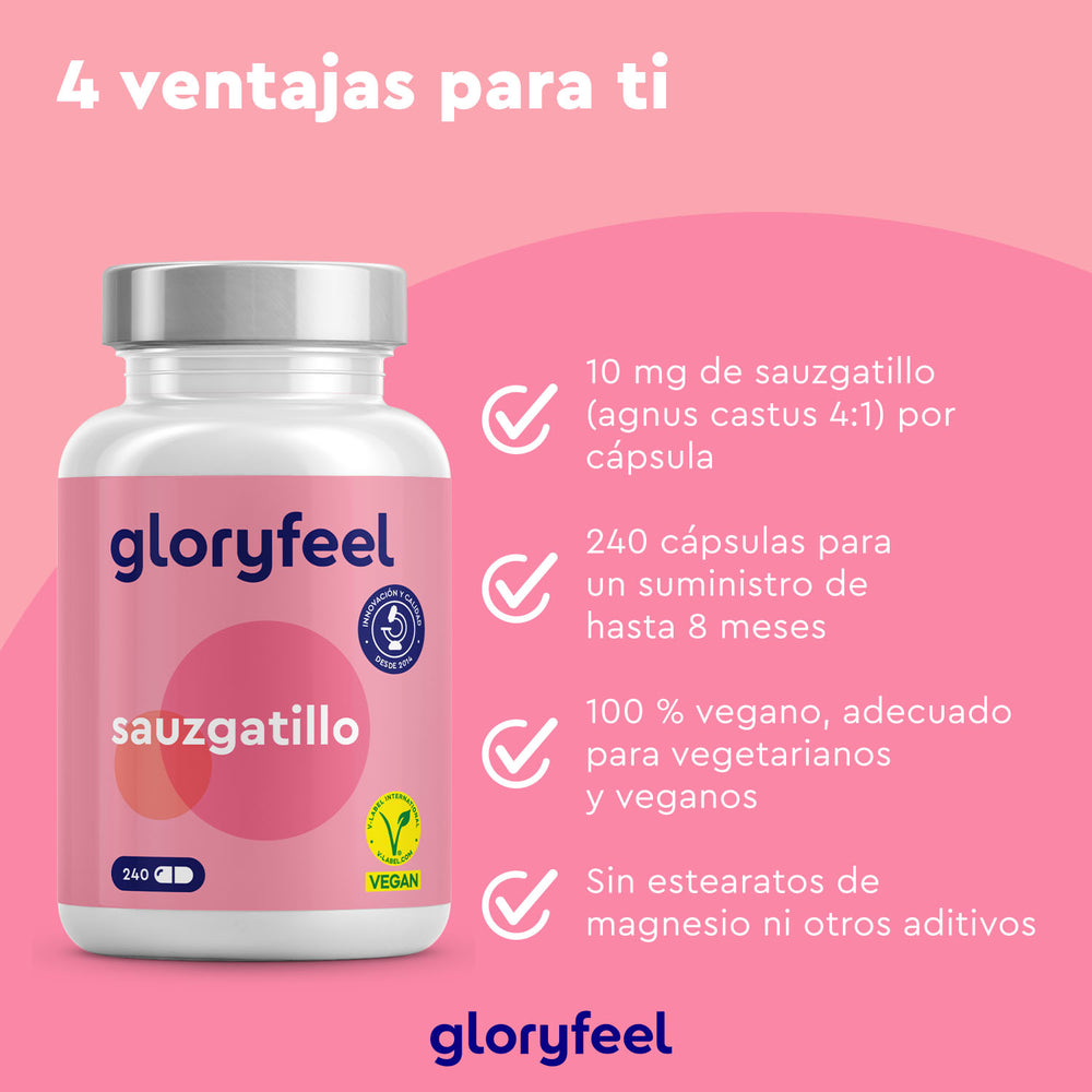 GloryFeel GmbH España ofrece Sauzgatillo en cápsulas (Vitex agnus-castus), un producto vegano con beneficios como dosis óptima, suministro duradero y libre de estearato de magnesio y aditivos para el equilibrio hormonal femenino.
