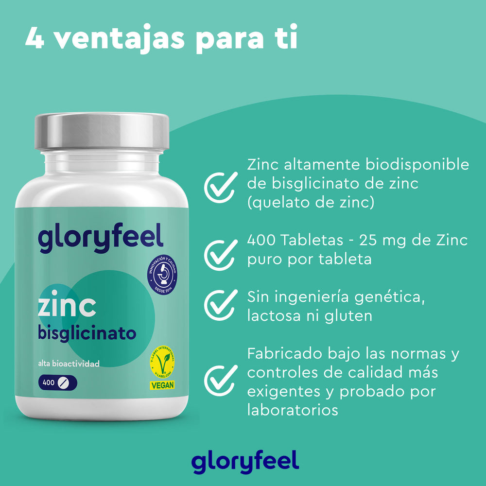 Imagen del suplemento &quot;Bisglicinato de zinc en tabletas&quot; de GloryFeel GmbH. Este producto vegano, sin OMG ni lactosa, con alta biodisponibilidad, favorece un metabolismo eficiente. Contiene 400 tabletas con 25 mg de zinc cada una. El texto destaca los estándares de calidad de los suplementos alimenticios.