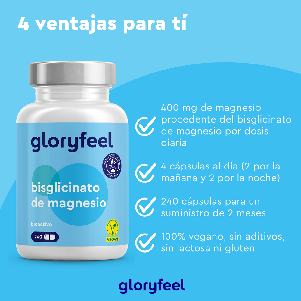 Imagen del frasco de bisglicinato de magnesio de GloryFeel GmbH España, que destaca 400 mg de bisglicinato de magnesio de alta biodisponibilidad por dosis. Tomar 4 cápsulas veganas al día de un suministro de 240 cápsulas durante dos meses. Sin aditivos, lactosa ni gluten, contribuye al funcionamiento normal del sistema nervioso.