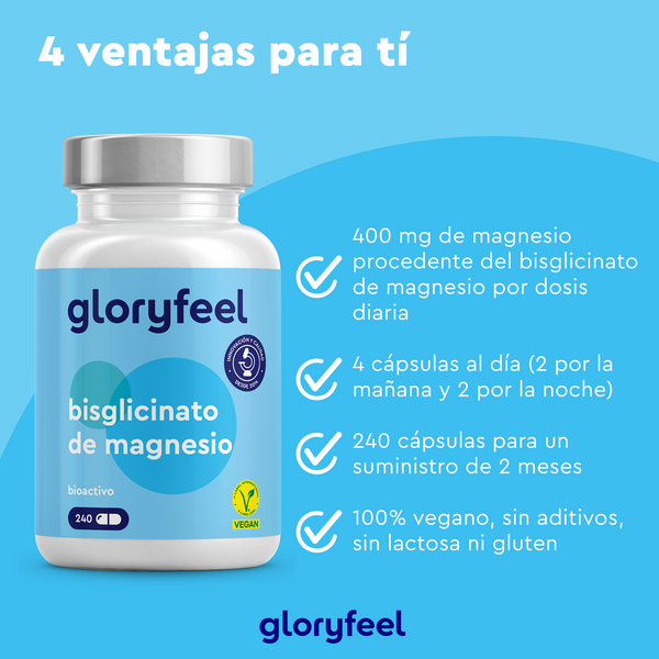 Imagen del frasco de bisglicinato de magnesio de GloryFeel GmbH España, que destaca 400 mg de bisglicinato de magnesio de alta biodisponibilidad por dosis. Tomar 4 cápsulas veganas al día de un suministro de 240 cápsulas durante dos meses. Sin aditivos, lactosa ni gluten, contribuye al funcionamiento normal del sistema nervioso.