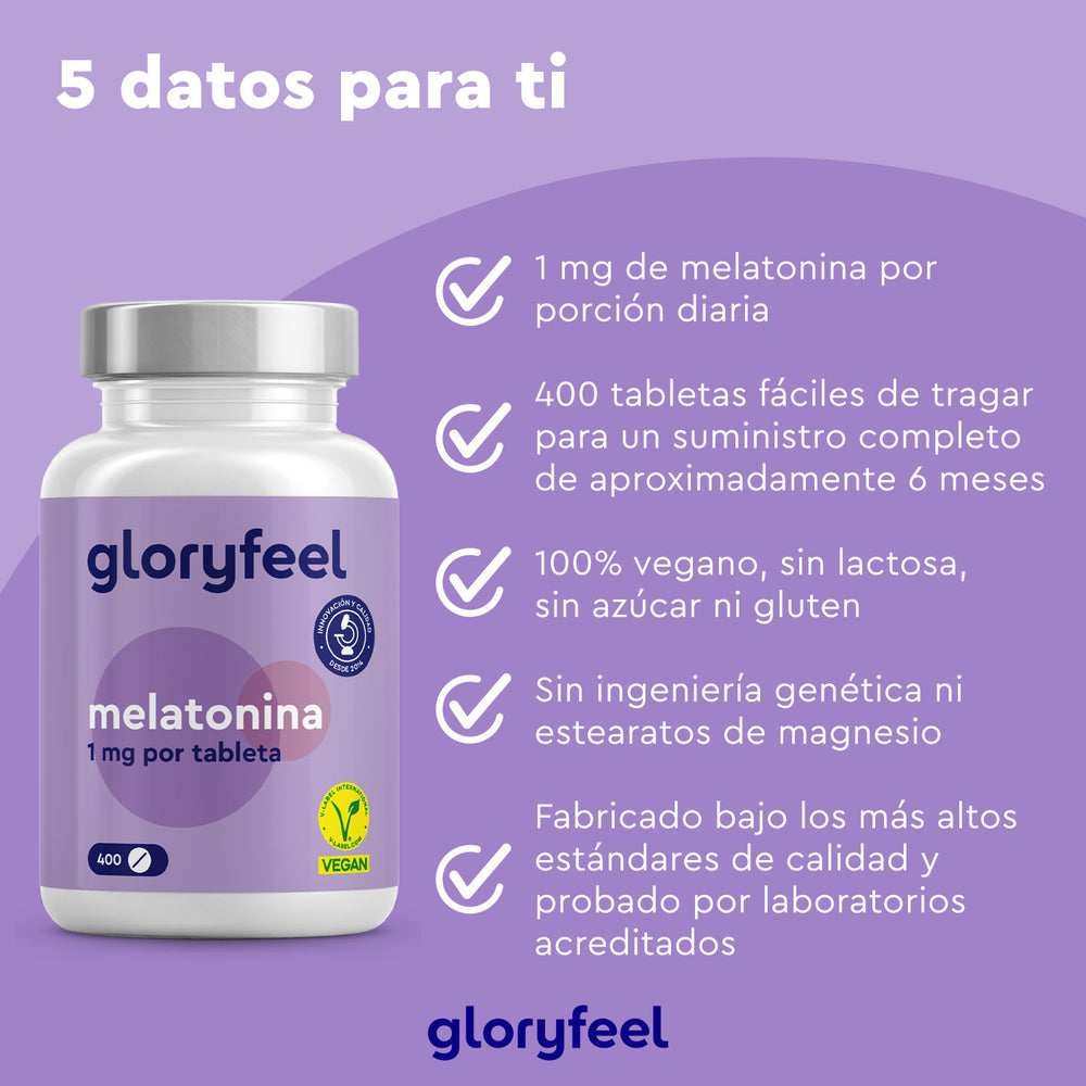 Advertencia del producto en púrpura para las Melatonina 400 Tabletas de GloryFeel GmbH Spain: 1 mg por tableta, veganas, sin gluten y con estándares de calidad en español. Ideal para combatir el insomnio o aliviar el jet lag eficazmente.