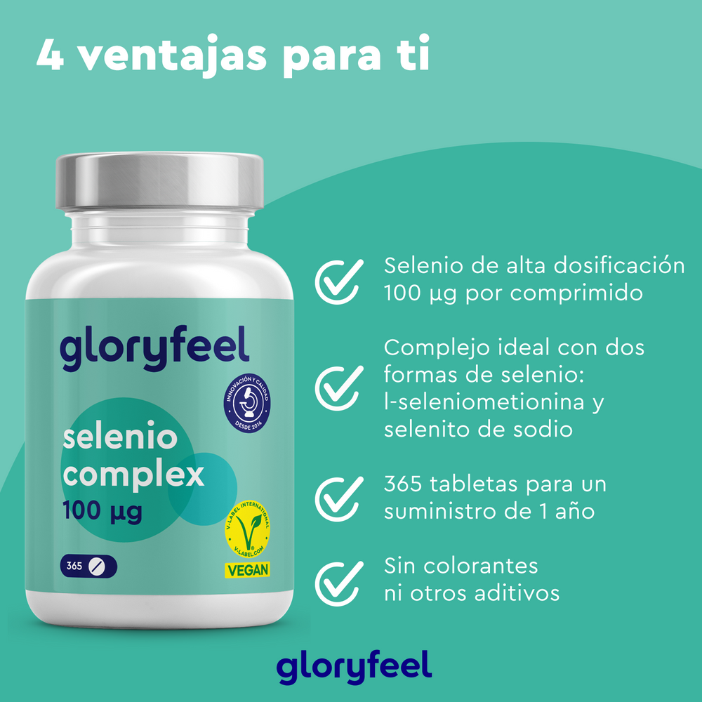 Selenio 100 mcg de GloryFeel GmbH España ofrece una fórmula vegana de alta potencia con dos formas de selenio sin colorantes ni aditivos. Favorece un sistema inmunitario fuerte y proporciona un suministro para un año con 365 comprimidos por frasco.