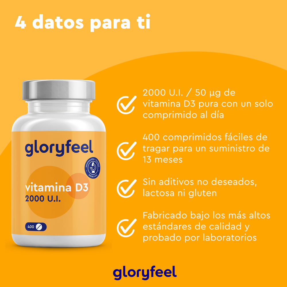 Imagen del frasco de Vitamina D3 2000 UI, GloryFeel GmbH España, con información sobre la dosis: 400 comprimidos. Favorece la salud de los huesos y dientes y fortalece el sistema inmunitario. Elaborado con altos estándares de producción.