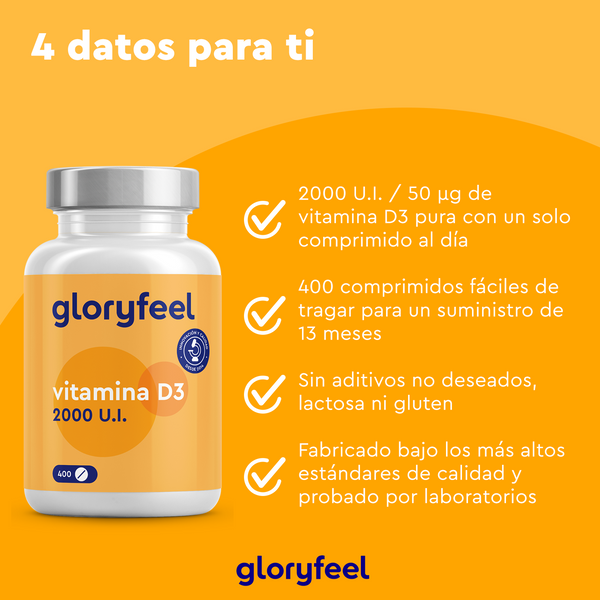 Imagen del frasco de Vitamina D3 2000 UI, GloryFeel GmbH España, con información sobre la dosis: 400 comprimidos. Favorece la salud de los huesos y dientes y fortalece el sistema inmunitario. Elaborado con altos estándares de producción.