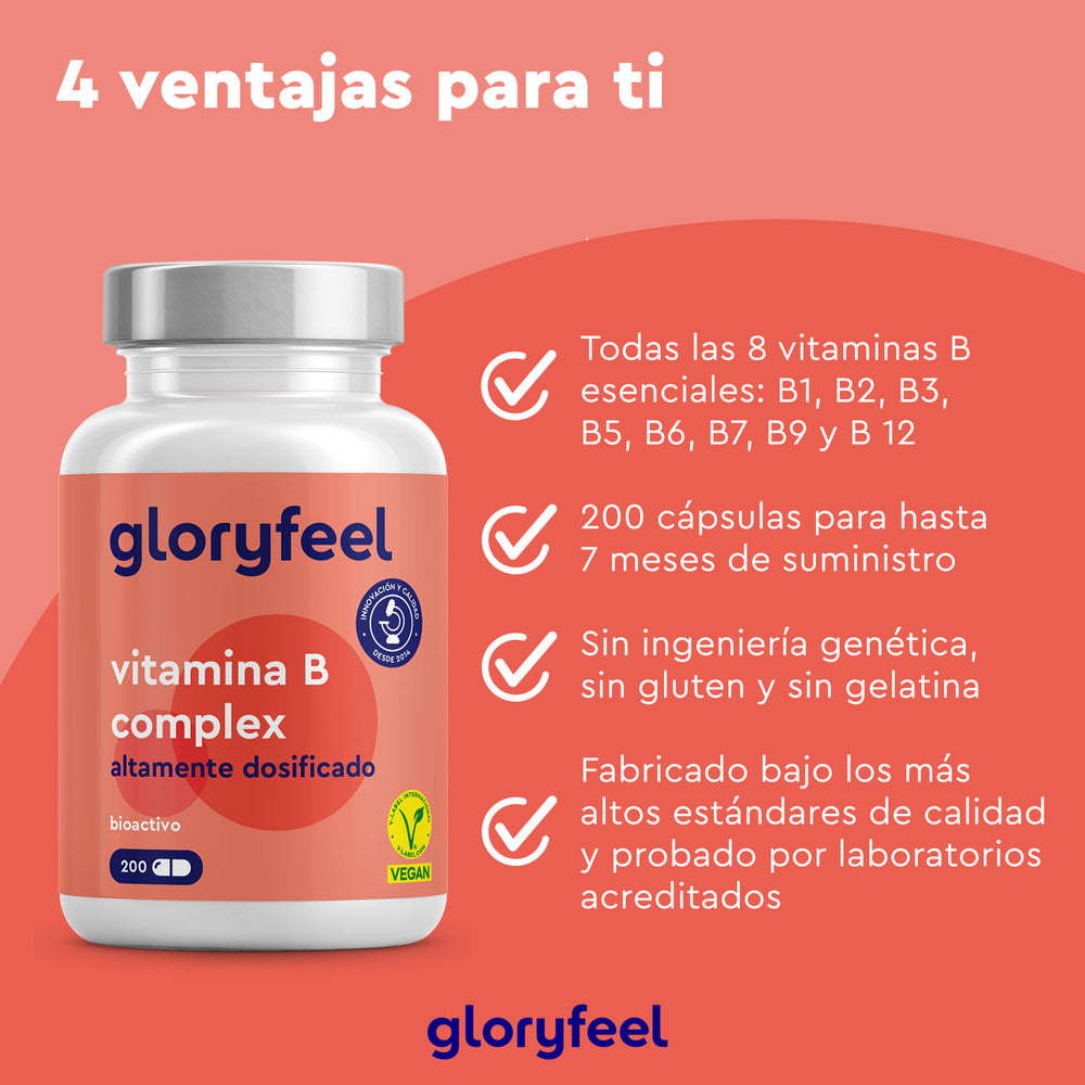El &quot;Complejo de Vitamina B Forte&quot; de GloryFeel GmbH España ofrece 200 cápsulas, libre de ingeniería genética, y se produce con altos estándares de calidad. Esta potente mezcla estimula el metabolismo con vitaminas B y antioxidantes para una salud óptima.