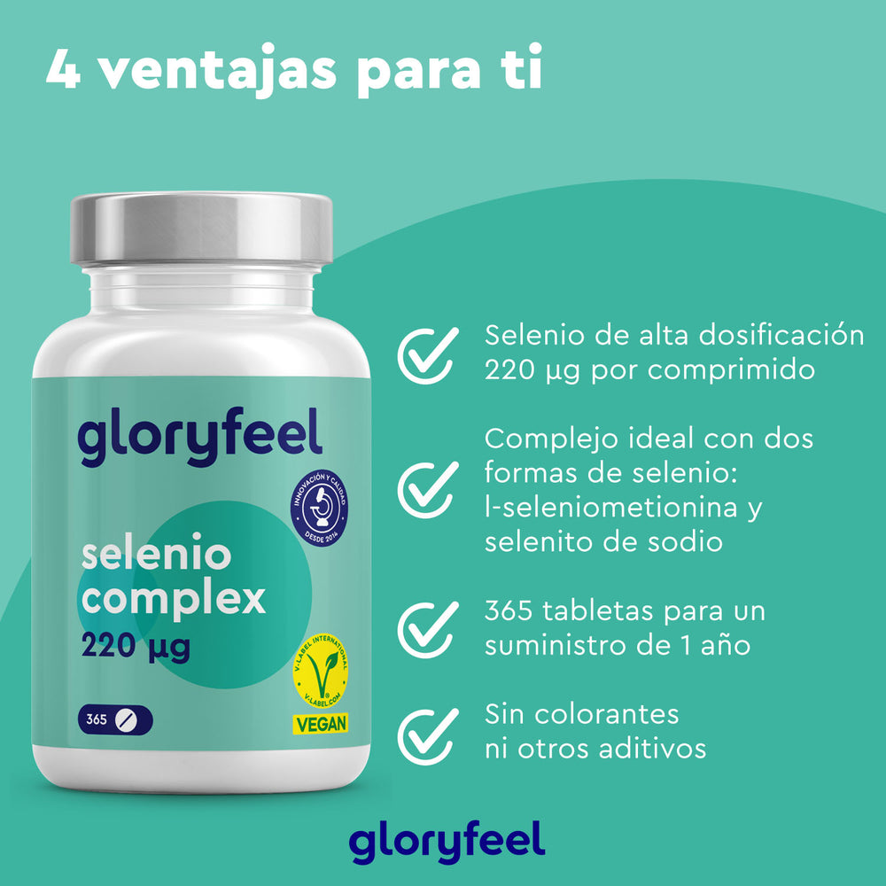 Imagen promocional verde de Selenio 220 mcg en tabletas de GloryFeel GmbH España, que destaca sus beneficios: selenio en dosis altas como oligoelemento esencial ideal para el sistema inmunitario. Contiene 365 tabletas para un año de suministro, sin colorantes ni aditivos.