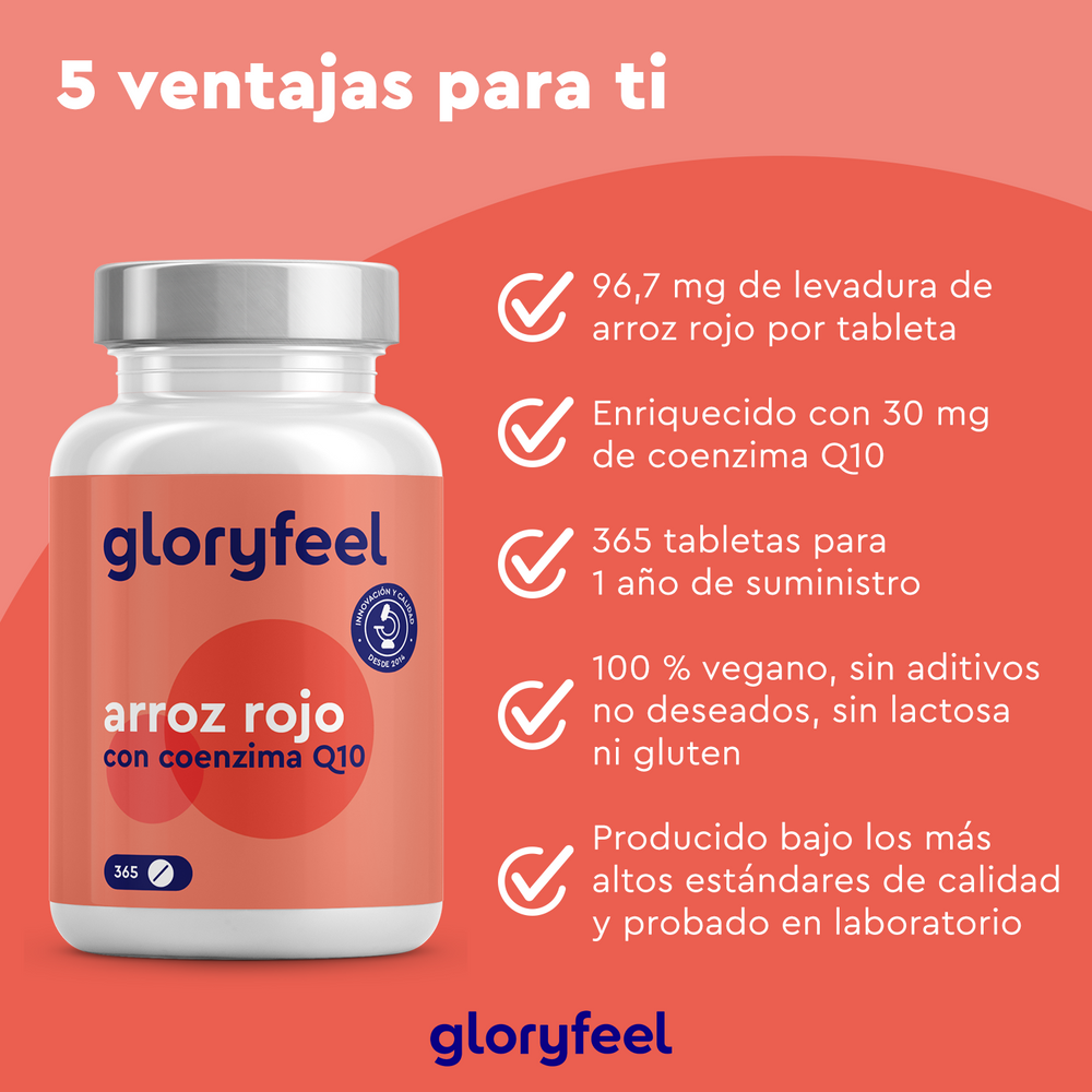 Levadura Roja de Arroz con Coenzima Q10 de GloryFeel GmbH España contiene 96,7 mg de monacolina K y 30 mg de coenzima Q10 por comprimido, ofreciendo 365 comprimidos 100% veganos y de calidad probada.