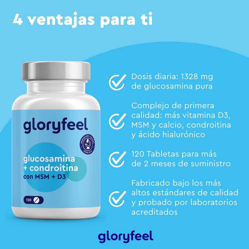 Una botella de GloryFeel GmbH España con la etiqueta &quot;Glucosamina + Condroitina + MSM + Calcio y D3&quot; sobre un fondo azul, resaltando sus beneficios para la salud y sus características esenciales.