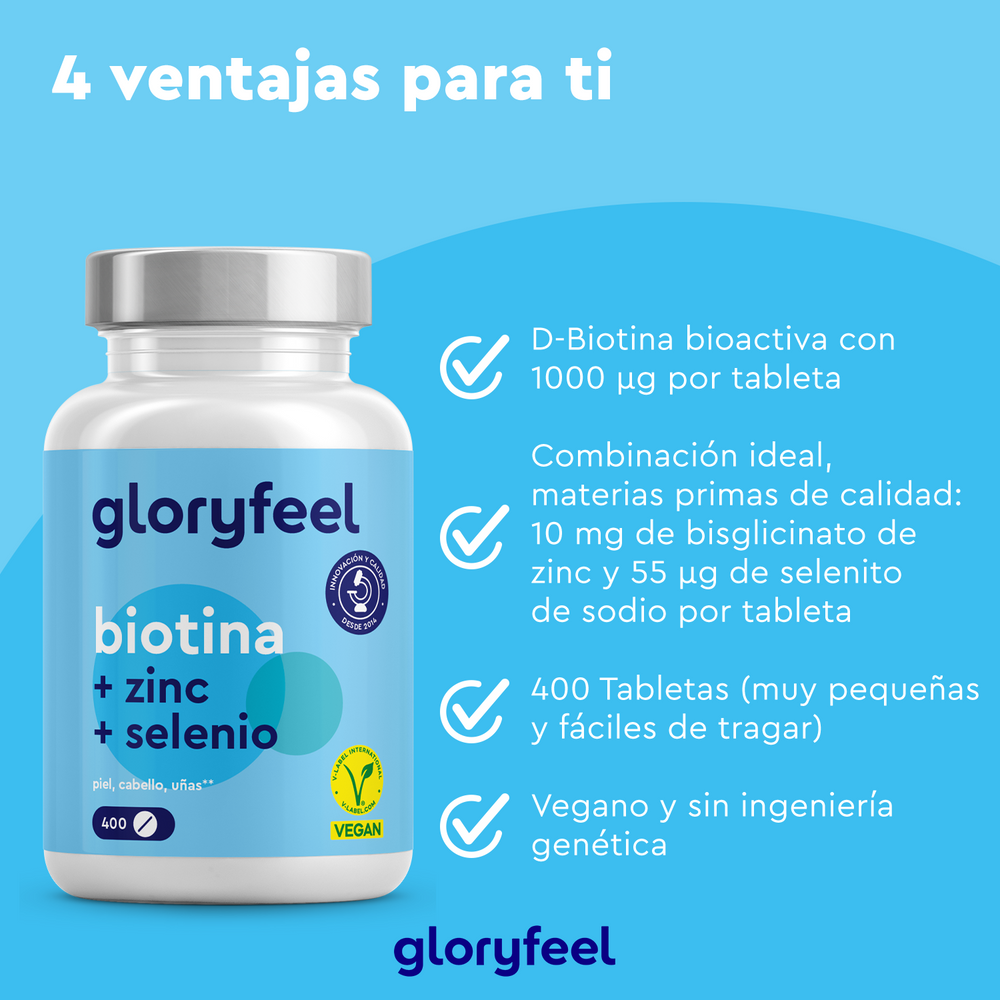 Biotina en tabletas&quot; de GloryFeel GmbH presenta una fórmula vegana con D-biotina bioactiva para un cabello sano, tabletas pequeñas de fácil ingestión y los beneficios adicionales del zinc y el selenio. Ideal para quienes buscan suplementos dietéticos eficaces.