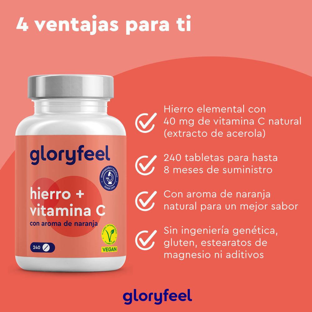 Prueba Hierro + Vitamina C natural de GloryFeel GmbH España. Estas tabletas veganas y sin OMG vienen en un frasco de 240 tabletas, con un suministro para ocho meses. Disfruta del sabor natural a naranja sin aditivos en estos complementos alimenticios.