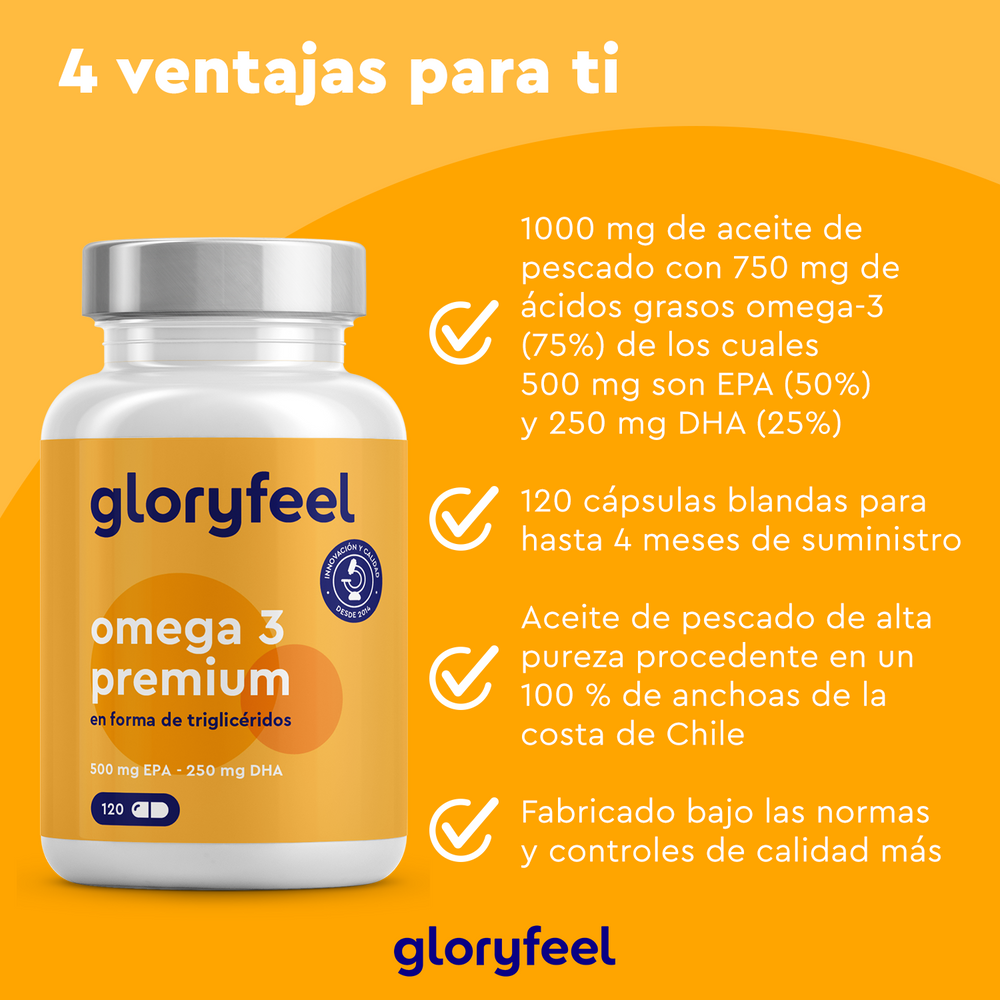Una imagen naranja y blanca muestra una botella de Omega 3 en forma de triglicéridos de GloryFeel GmbH España, destacando su riqueza en EPA/DHA, aceite de pescado de alta pureza distribuido a través de geles blandos y fabricación de calidad.