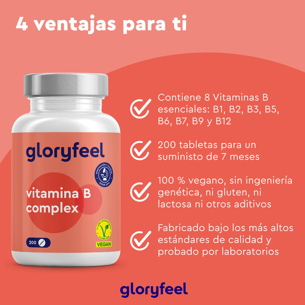 Explora los beneficios del complejo de vitamina B en tabletas de GloryFeel GmbH España. Este envase de 200 tabletas ofrece vitaminas B esenciales, es vegano, no contiene OMG, gluten ni aditivos, y está elaborado con los más altos estándares de calidad para tu salud.