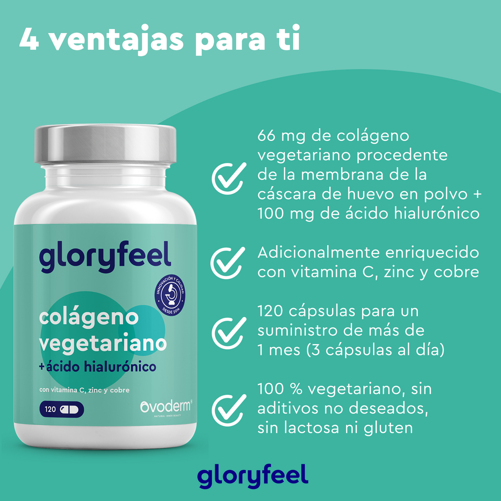 El suplemento vegetariano Colágeno de gloryfeel GmbH contiene ingredientes de alta calidad, como colágeno, ácido hialurónico y vitaminas enriquecidas. Ofrece 120 cápsulas vegetarianas sin aditivos ni lactosa.