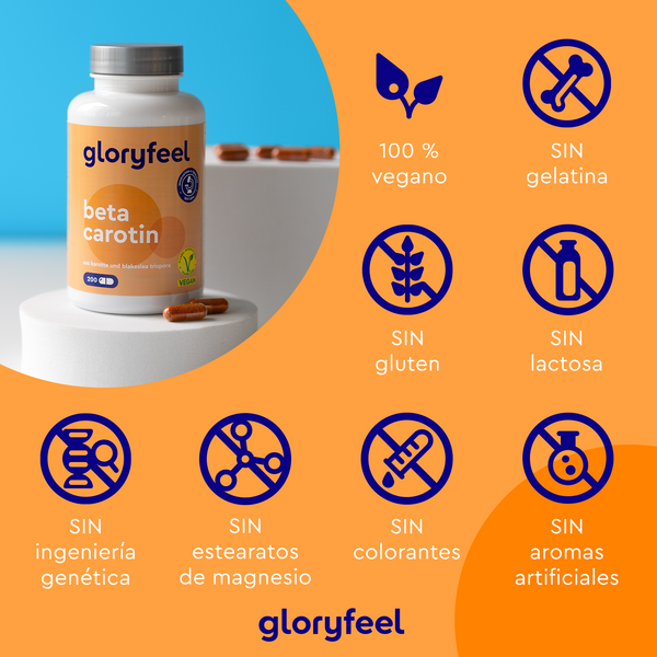 Imagen de un frasco de &quot;Beta-Caroteno - 200 cápsulas&quot; de Gloryfeel GmbH junto a una cápsula vacía. Los iconos indican que es 100 % vegano y no contiene gelatina, gluten, lactosa, OMG, estearatos de magnesio, colorantes ni aromas artificiales. Rico en betacaroteno, que aporta los beneficios esenciales de la vitamina A.