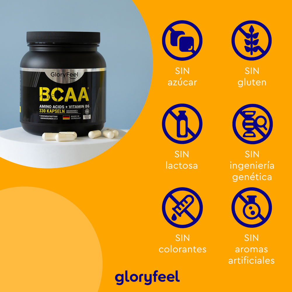 Un frasco negro con la etiqueta &quot;BCAA en cápsulas&quot; de GloryFeel GmbH España reposa sobre una superficie gris con cápsulas a su lado. Seis iconos resaltan sus características: sin azúcar, sin gluten, sin lactosa, sin OMG, sin colorantes ni aromas artificiales; perfecto para quienes necesitan aminoácidos esenciales como la leucina.
