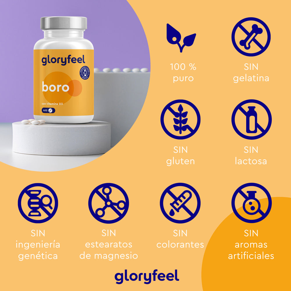 Boro con Vitamina D3 de Gloryfeel GmbH presenta iconos que garantizan una pureza del 100 %. No contiene gelatina, gluten, lactosa ni estearatos de magnesio, ni colorantes ni saborizantes artificiales. Enriquecido con calcio para obtener beneficios adicionales y completamente libre de ingeniería genética.