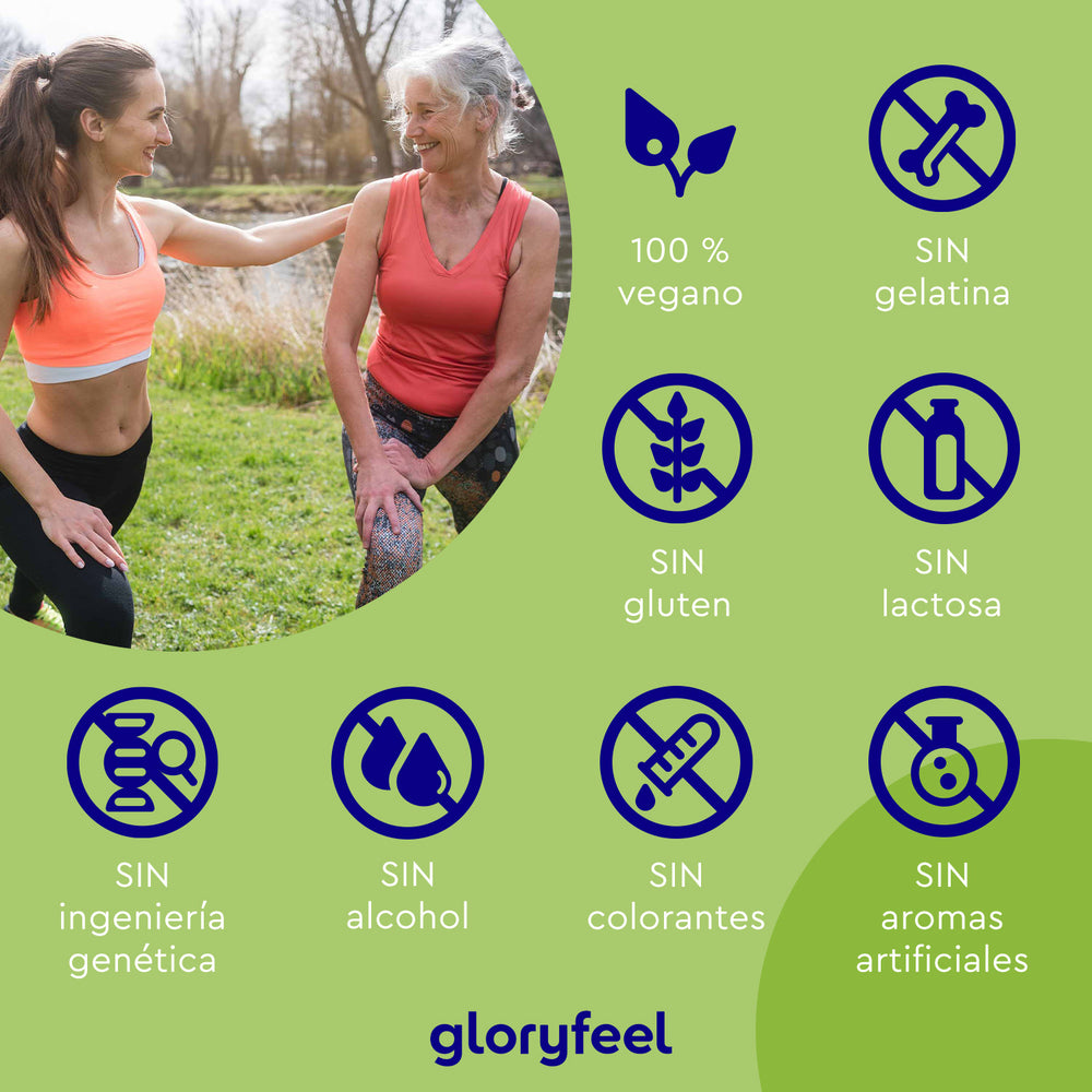 Dos mujeres haciendo ejercicio al aire libre con iconos que destacan sus beneficios: Vitamina K2 Gotas es 100 % vegana, sin gelatina, gluten, lactosa, OMG, alcohol, colorantes ni aromas artificiales. Favorece la formación ósea y la coagulación sanguínea. Incluye el logotipo de GloryFeel GmbH España.