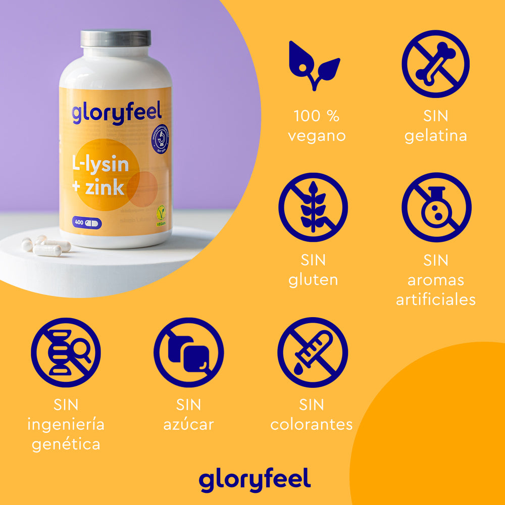 Sobre la mesa hay una botella de L-Lisina con zinc de Gloryfeel GmbH, que fortalece tu sistema inmunitario. Los iconos destacan su naturaleza vegana y la ausencia de gelatina, gluten, sabores artificiales, ingeniería genética, azúcar y colorantes.
