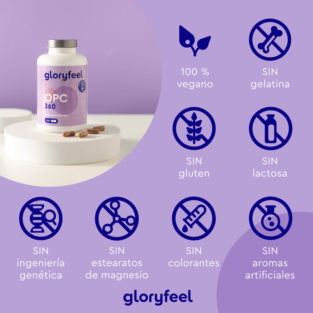 El extracto de semilla de uva OPC 360 cápsulas de Gloryfeel GmbH es 100 % vegano y no contiene gelatina, gluten, lactosa, OMG, estearatos de magnesio, colorantes ni aromas artificiales. Está enriquecido con extracto de semilla de uva para un aporte extra de antioxidantes de proantocianidinas oligoméricas.
