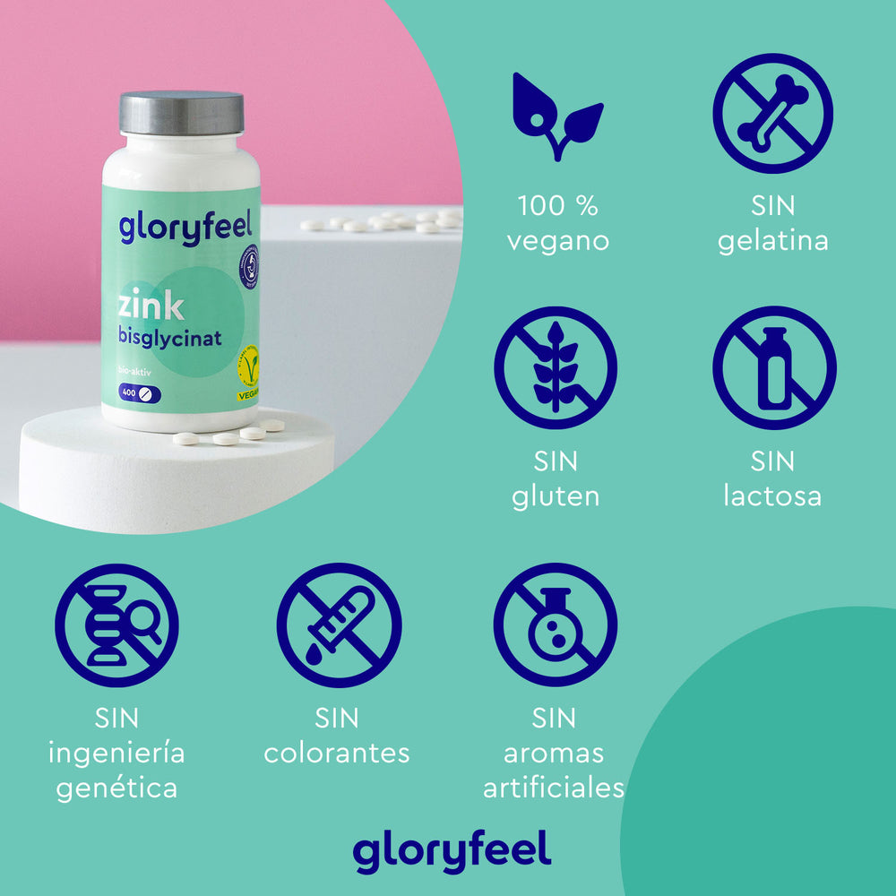 Una botella de GloryFeel GmbH Bisglicinato de zinc en tabletas se muestra con íconos que indican que es 100% vegano y libre de gelatina, gluten, lactosa, colorantes artificiales, sabores e ingeniería genética, perfecto para quienes buscan suplementos alimenticios que mejoren el metabolismo.