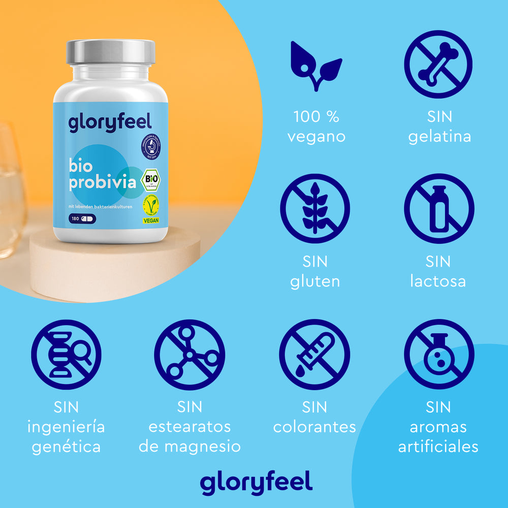 La botella de Bio Probivia 180 Cápsulas de GloryFeel GmbH España presenta iconos que resaltan su pureza vegana, libre de gelatina, gluten, lactosa, OGM, estearato de magnesio, colorantes y sabores artificiales, perfecto para mejorar tu flora intestinal con cultivos bacterianos de calidad.