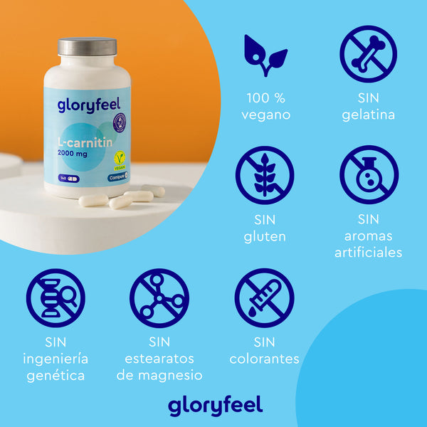 Una botella de L-Carnitina 2000 mg de Gloryfeel GmbH sobre una mesa presenta Carnipure de Lonza, con íconos que resaltan su fórmula 100% vegana, libre de gelatina, gluten, aromas artificiales, OGM, estearatos de magnesio o colorantes.