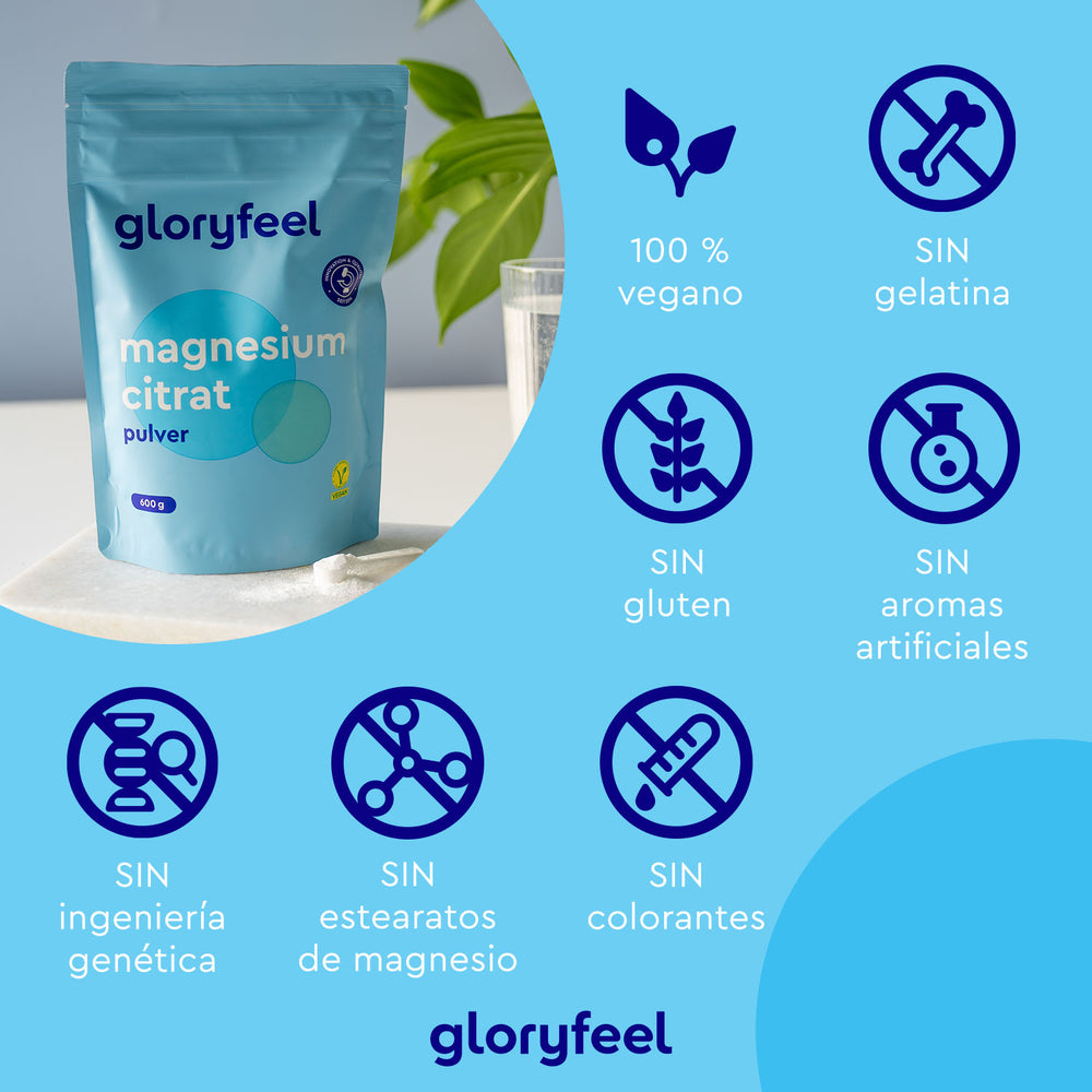 Imagen de un paquete de Magnesio en polvo de &quot;gloryfeel GmbH España&quot;, rodeado de iconos que indican que es 100% vegano, libre de gelatina, gluten, sabores artificiales, OGM, estearatos de magnesio y colorantes.