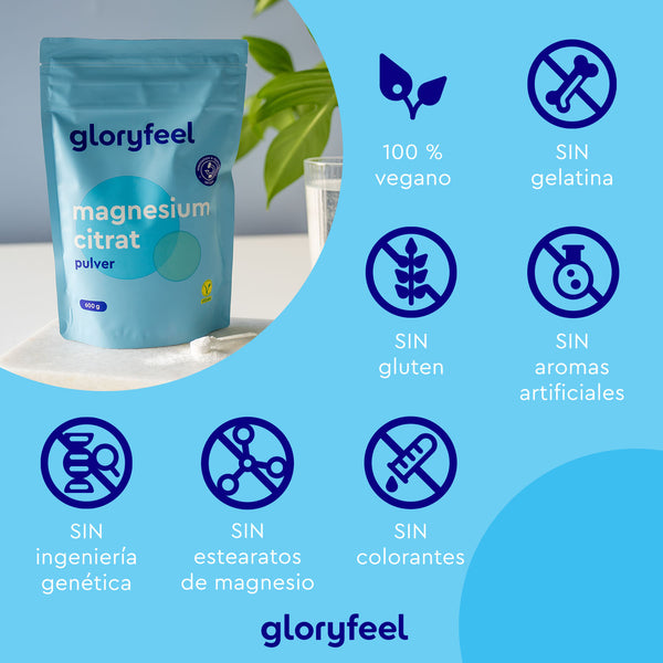 Imagen de un paquete de Magnesio en polvo de &quot;gloryfeel GmbH España&quot;, rodeado de iconos que indican que es 100% vegano, libre de gelatina, gluten, sabores artificiales, OGM, estearatos de magnesio y colorantes.