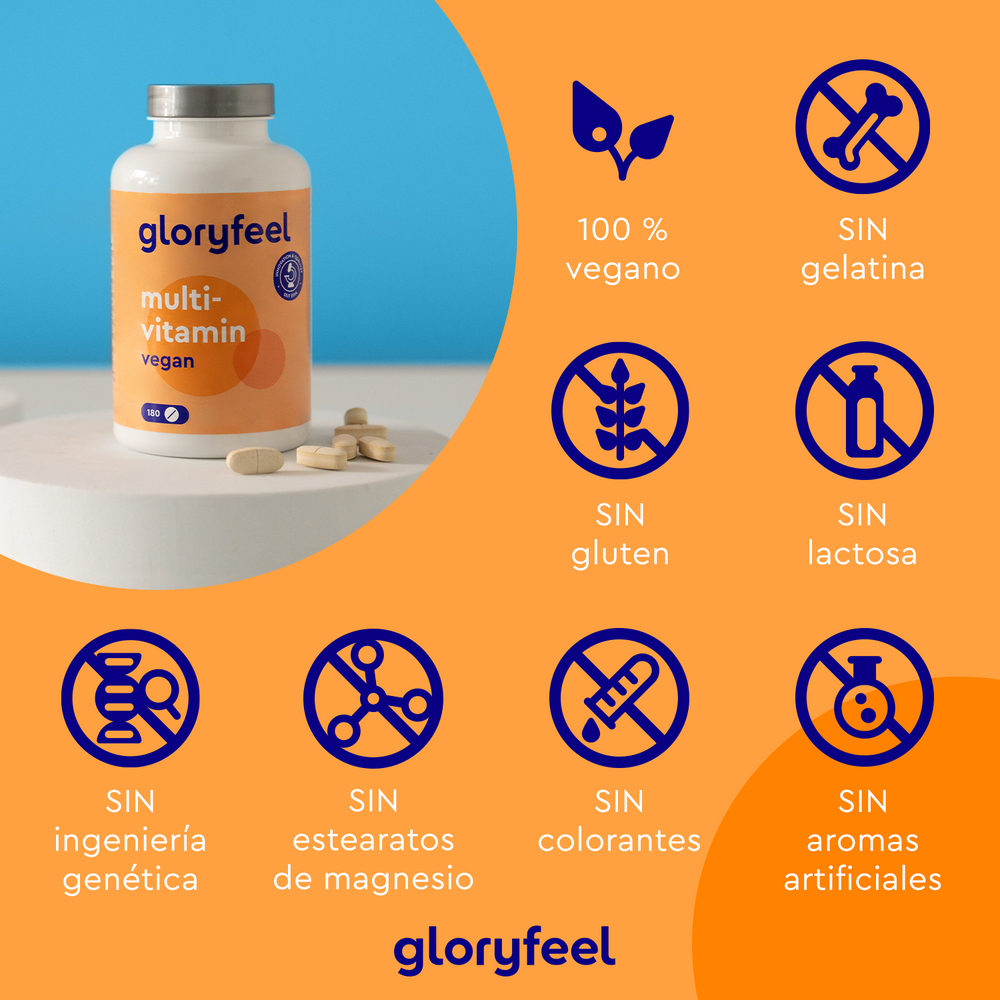 Sobre una mesa se encuentra un frasco de Multivitaminas veganas en tabletas de GloryFeel GmbH España, con iconos que destacan su fórmula sin gelatina, sin gluten y sin lactosa. Ricos en antioxidantes y vitaminas esenciales, estos multivitamínicos naturales ofrecen nutrición sin aditivos artificiales.