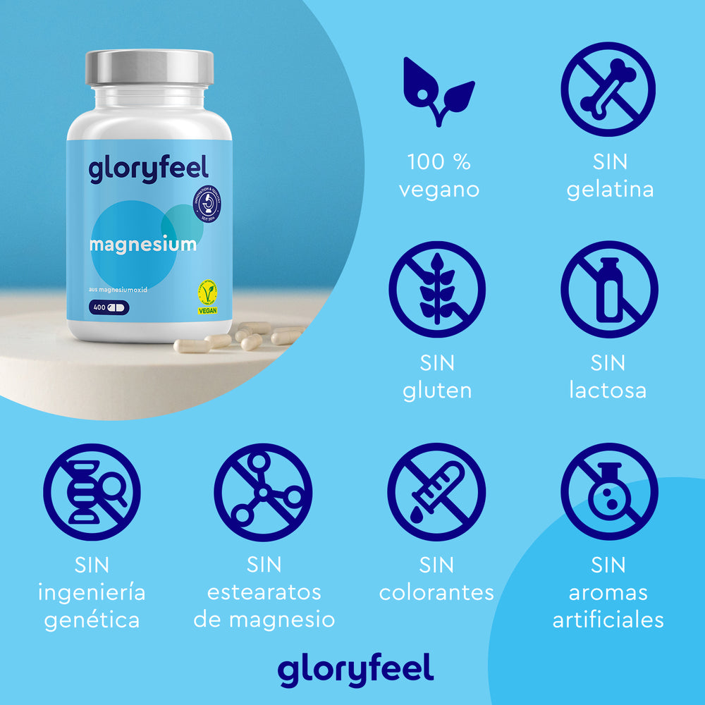 A la izquierda se encuentra una botella de &quot;Magnesio en cápsulas&quot; de Gloryfeel GmbH, con iconos a la derecha que indican que es vegano y no contiene gelatina, gluten, lactosa, OMG, estearatos, colorantes ni saborizantes artificiales. Perfecto para promover la salud ósea con magnesio premium.