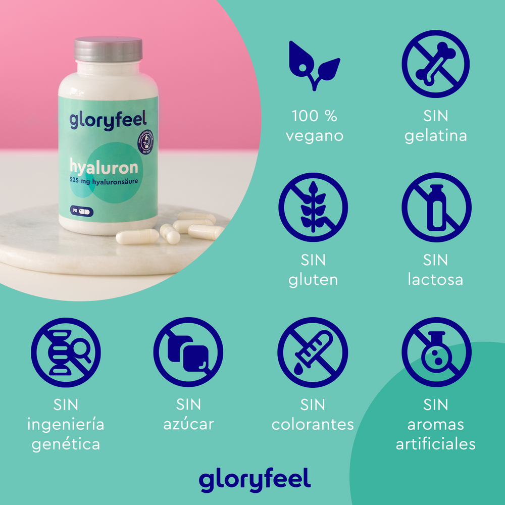 El frasco de Ácido hialurónico intensivo en cápsulas de GloryFeel GmbH España está a la izquierda; a la derecha, una cuadrícula de iconos muestra beneficios como piel firme, vegano, sin gluten, sin lactosa, sin OMG, sin azúcar, sin colorantes y sin fragancias artificiales.