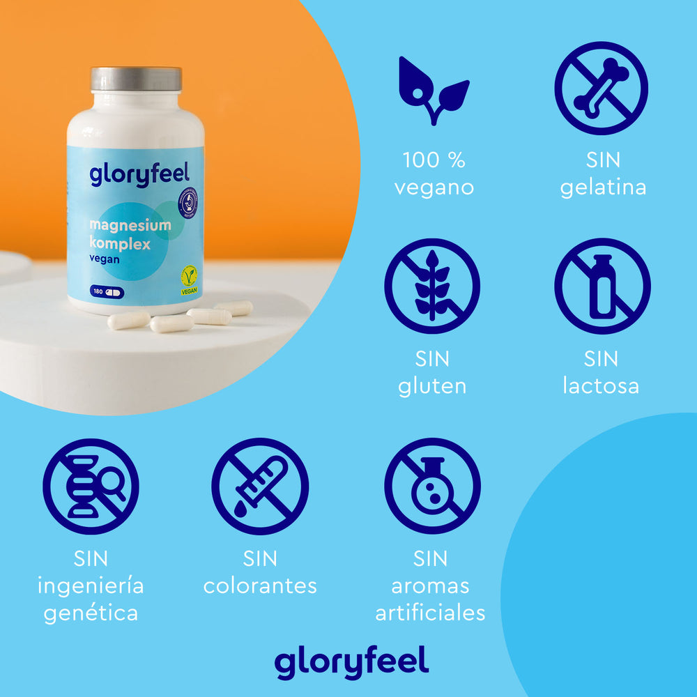 Un frasco de complejo de magnesio Gloryfeel GmbH con pastillas al lado. Vegano y sin gelatina, gluten, lactosa, OMG, colorantes ni saborizantes artificiales, para una rápida absorción y un apoyo óptimo al sistema nervioso.