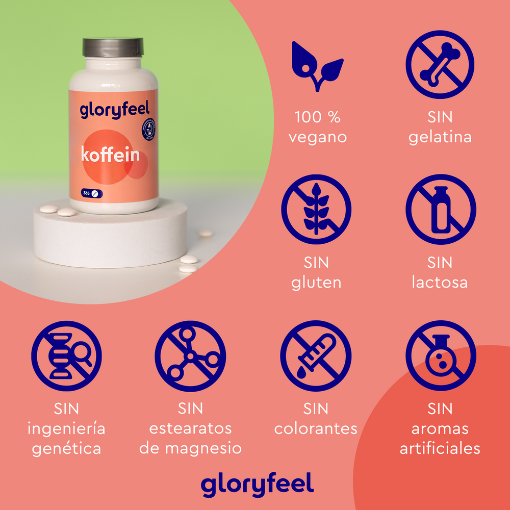 Una botella de &quot;Cafeína - 365 Tabletas&quot; de gloryfeel GmbH se encuentra sobre un pedestal, rodeada de símbolos que enfatizan sus características: 200 mg de cafeína para energía diaria, 100% vegano, libre de gelatina, gluten, lactosa, ingeniería genética, estearatos de magnesio, colorantes o aromas artificiales.
