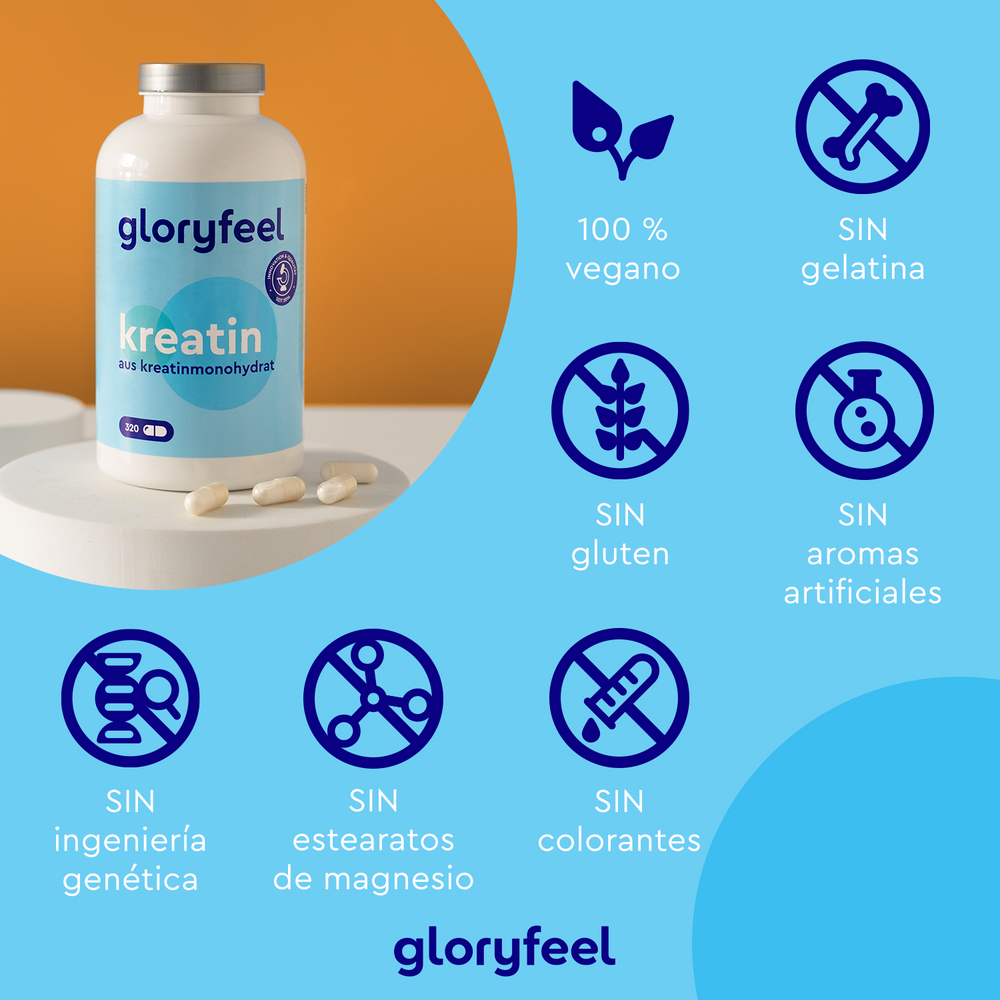 Las cápsulas de gloryfeel GmbH Creatina - del monohidrato de creatina son ideales como suplemento deportivo, ofreciendo creatina pura que es vegana y libre de gelatina, gluten, sabores artificiales, ingeniería genética, estearatos de magnesio y colorantes para mejorar naturalmente el rendimiento físico.
