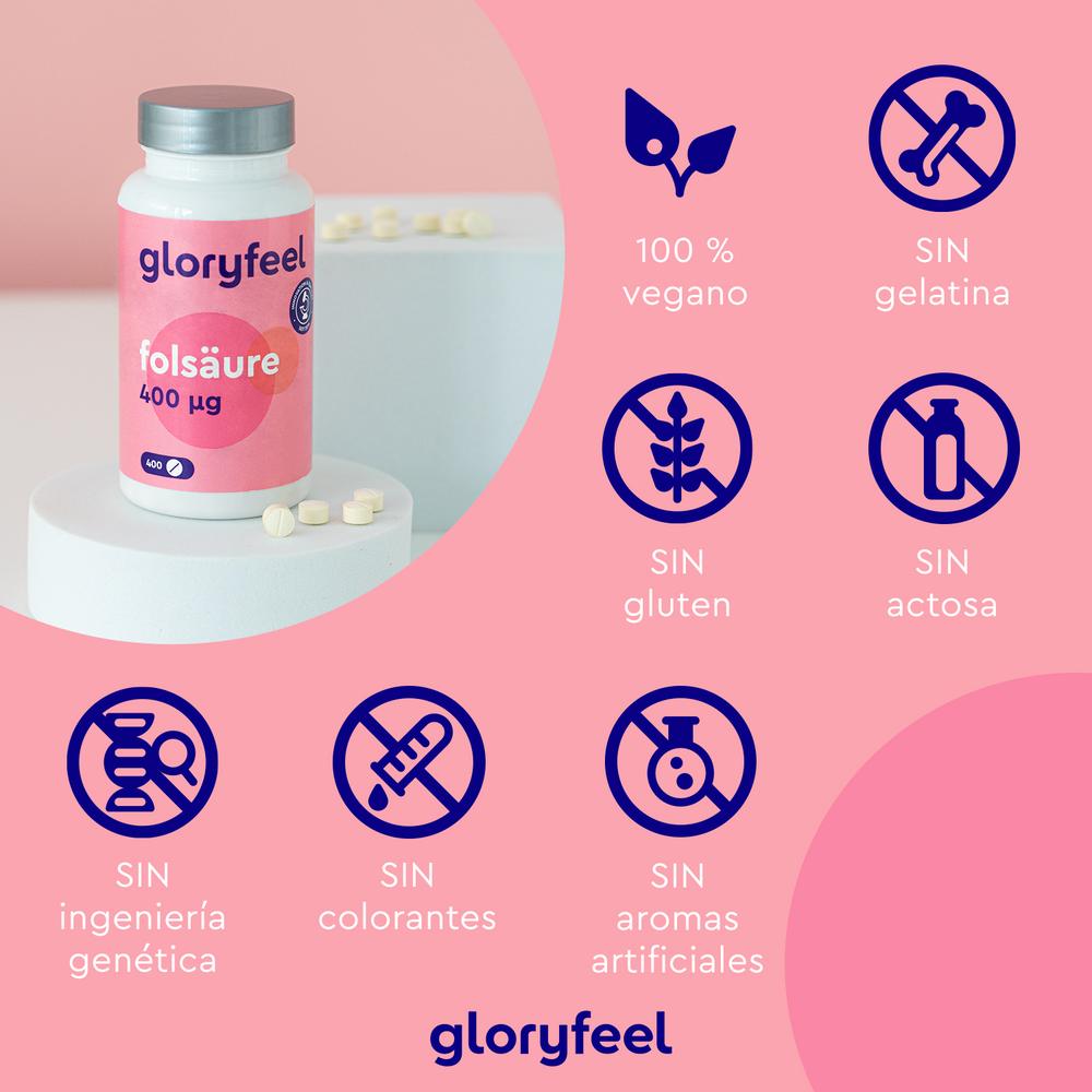 Una botella de Ácido Fólico (Vitamina B9) de Gloryfeel GmbH, etiquetada como &quot;gloryfeel folsäure 400 µg&quot;, se presenta con iconos que indican que es vegana y no contiene gluten, lactosa, gelatina, ingeniería genética, colorantes ni sabores artificiales. Estas tabletas fáciles de tragar garantizan una nutrición pura sin esfuerzo.
