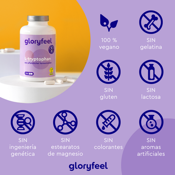 Imagen morada de las cápsulas de L-Triptófano de GloryFeel GmbH (España), que destaca sus beneficios: 100 % veganas, sin gelatina, gluten, lactosa, OMG, estearatos de magnesio, colorantes ni aromas artificiales. Aumenta los niveles de serotonina de forma natural.