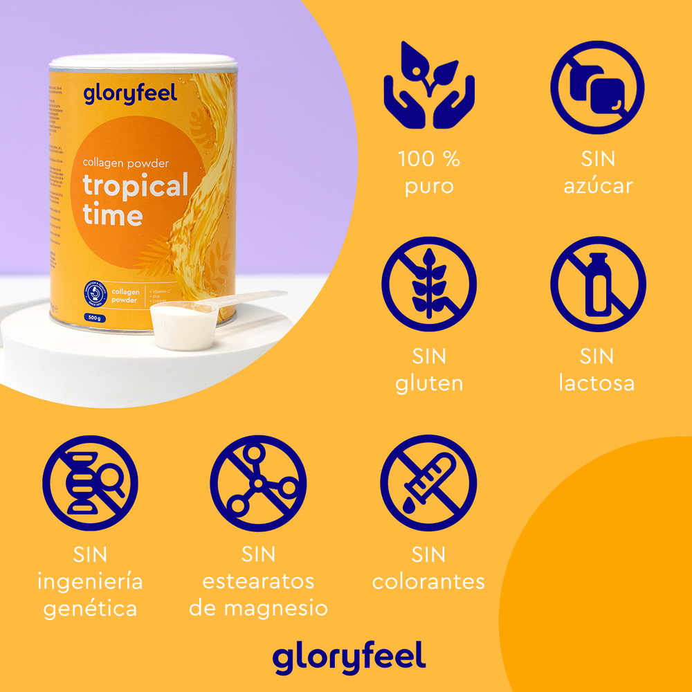 Envase de &quot;Colágeno en polvo 500 g - Tiempo tropical&quot; de GloryFeel GmbH España, con iconos que indican que es 100 % puro, sin azúcar, sin gluten, sin lactosa, sin OMG y sin colorantes artificiales. Enriquecido con vitamina C para obtener beneficios adicionales e incluye una cuchara medidora.