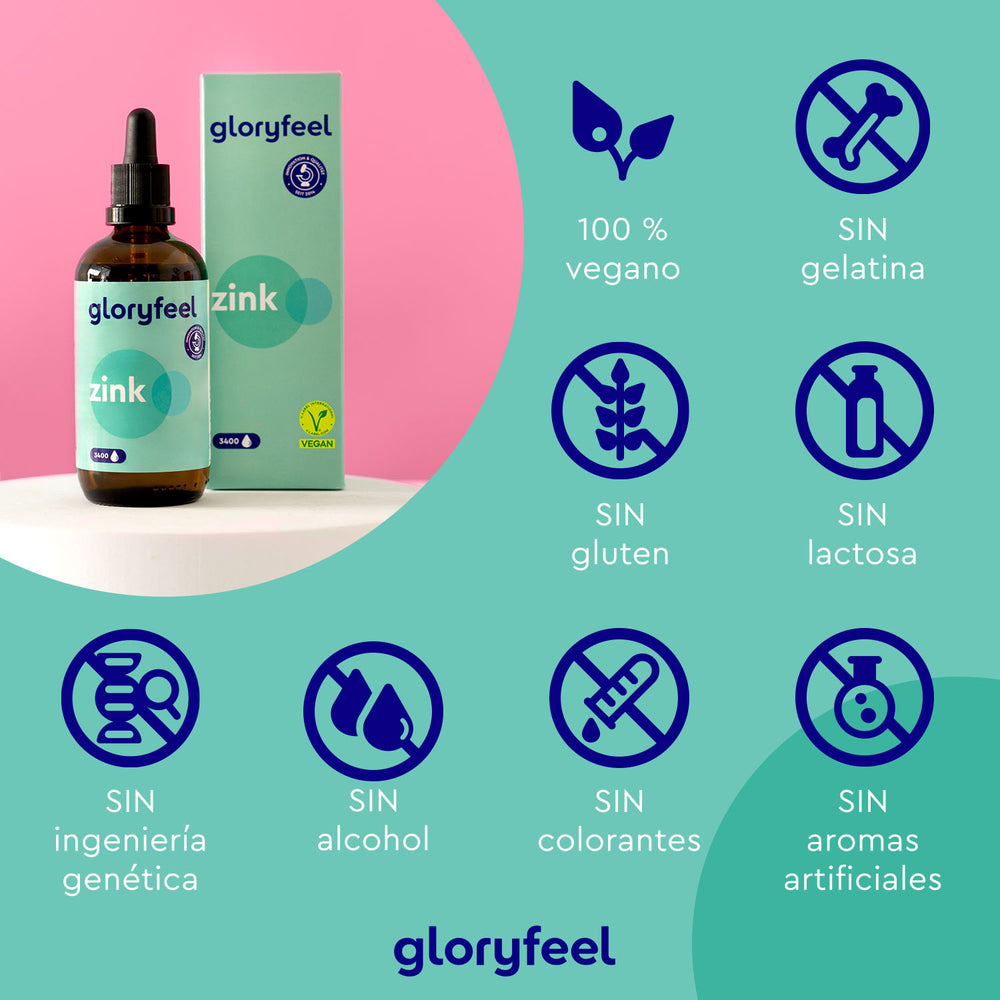Zinc en gotas de GloryFeel GmbH España es un suplemento vegano, libre de gelatina, gluten, lactosa, OGM, alcohol, colorantes y sabores artificiales, ideal para apoyar el zinc y estimular el metabolismo de las proteínas.