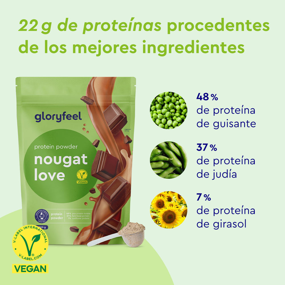 Paquete verde de Proteina Nougat Love de gloryfeel GmbH España, con proteínas veganas de guisante, judía y girasol. Contiene imágenes de guisantes, judías y girasoles con una etiqueta vegana.