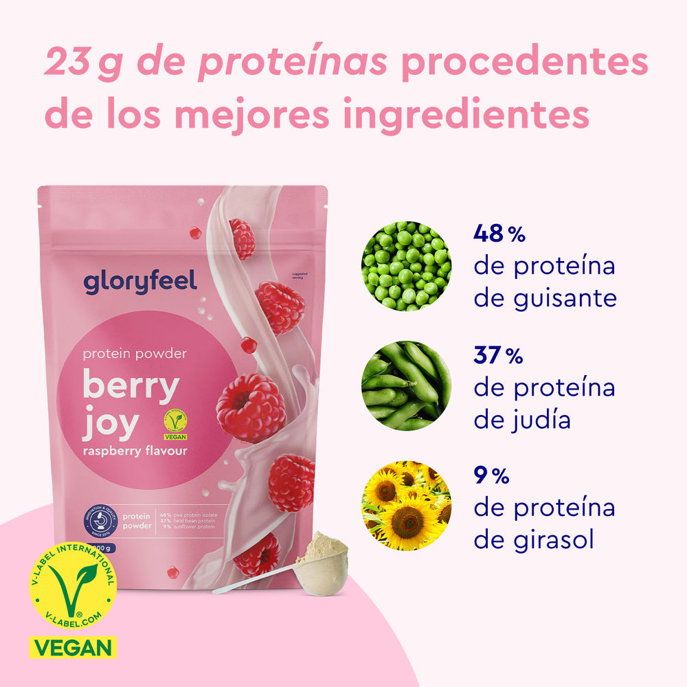 El envase del polvo proteico vegano Proteina Berry Joy - Sabor a frambuesa de gloryfeel GmbH destaca una mezcla de 48 % de proteína de guisante, 37 % de frijol y 9 % de proteína de girasol.