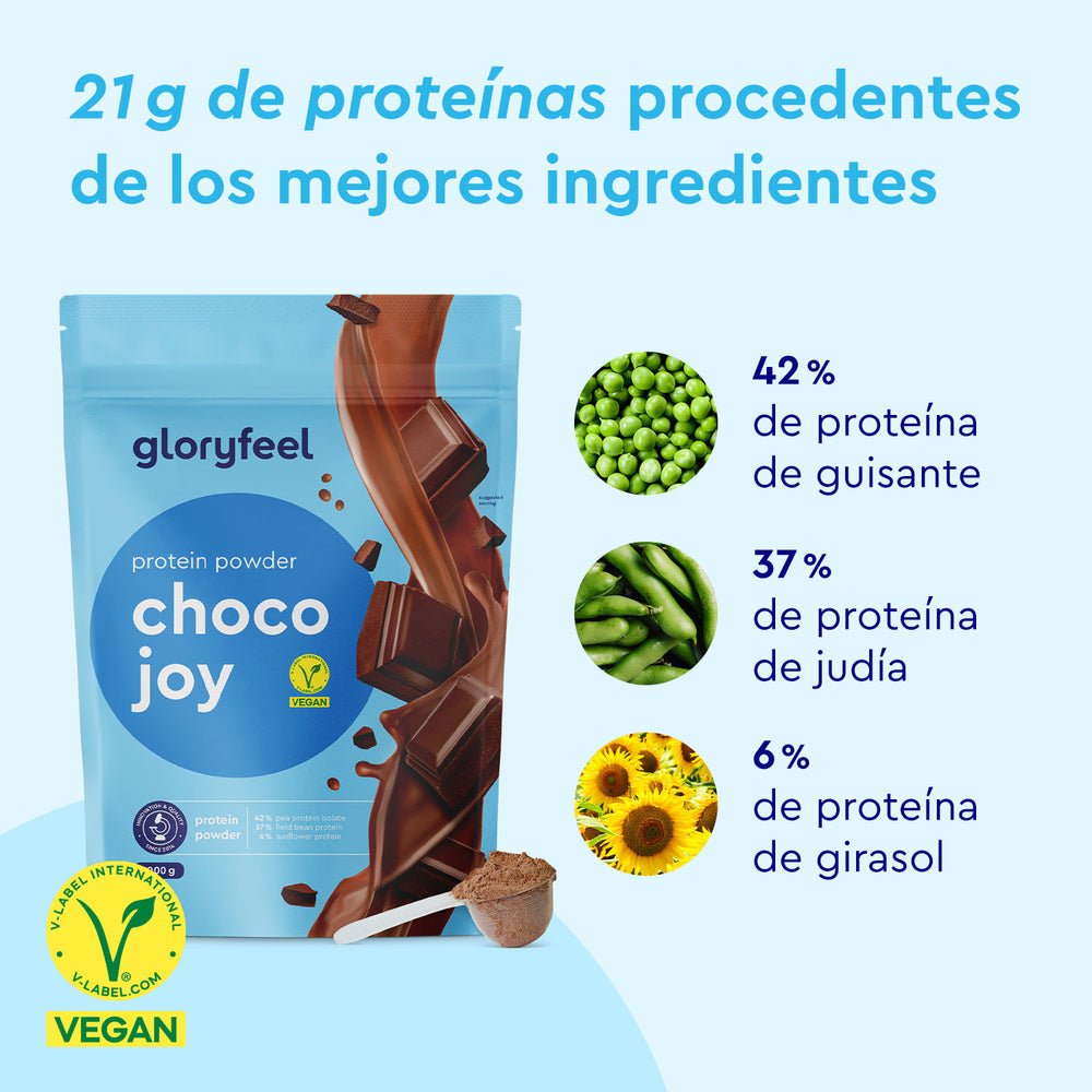 Una bolsita azul de Proteina Choco Joy de gloryfeel GmbH España, con trozos de chocolate a la izquierda y un texto a la derecha que detalla las fuentes de proteínas aptas para veganos: guisantes (42%), habas (37%) y girasol (6%).