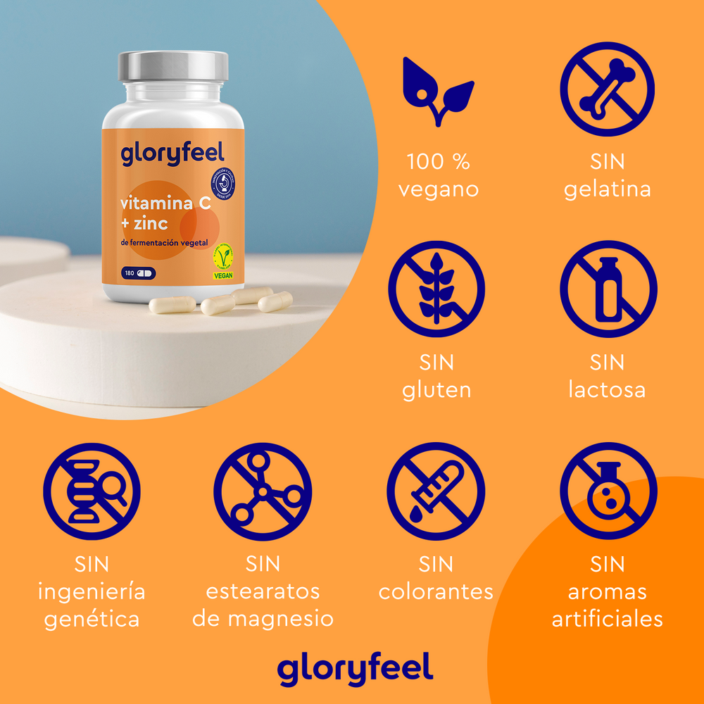 La Vitamina C y Zinc de gloryfeel GmbH se presenta en un soporte blanco, realzado por iconos que muestran sus cápsulas 100 % veganas, libres de gelatina, gluten, lactosa, OMG, estearatos de magnesio, colorantes y aromas artificiales. Contiene vitamina C tamponada y citrato de zinc.