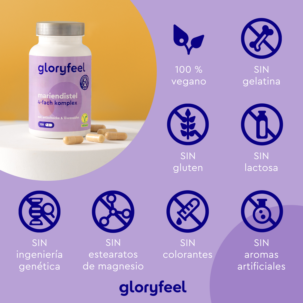 Una botella de Cardo Mariano en cápsulas de GloryFeel GmbH España se encuentra sobre una mesa, mostrando sus cualidades veganas. No contiene gelatina, gluten ni lactosa, está enriquecida con silimarina para favorecer la función hepática y no contiene ingeniería genética, estearatos de magnesio, colorantes ni aromas artificiales.