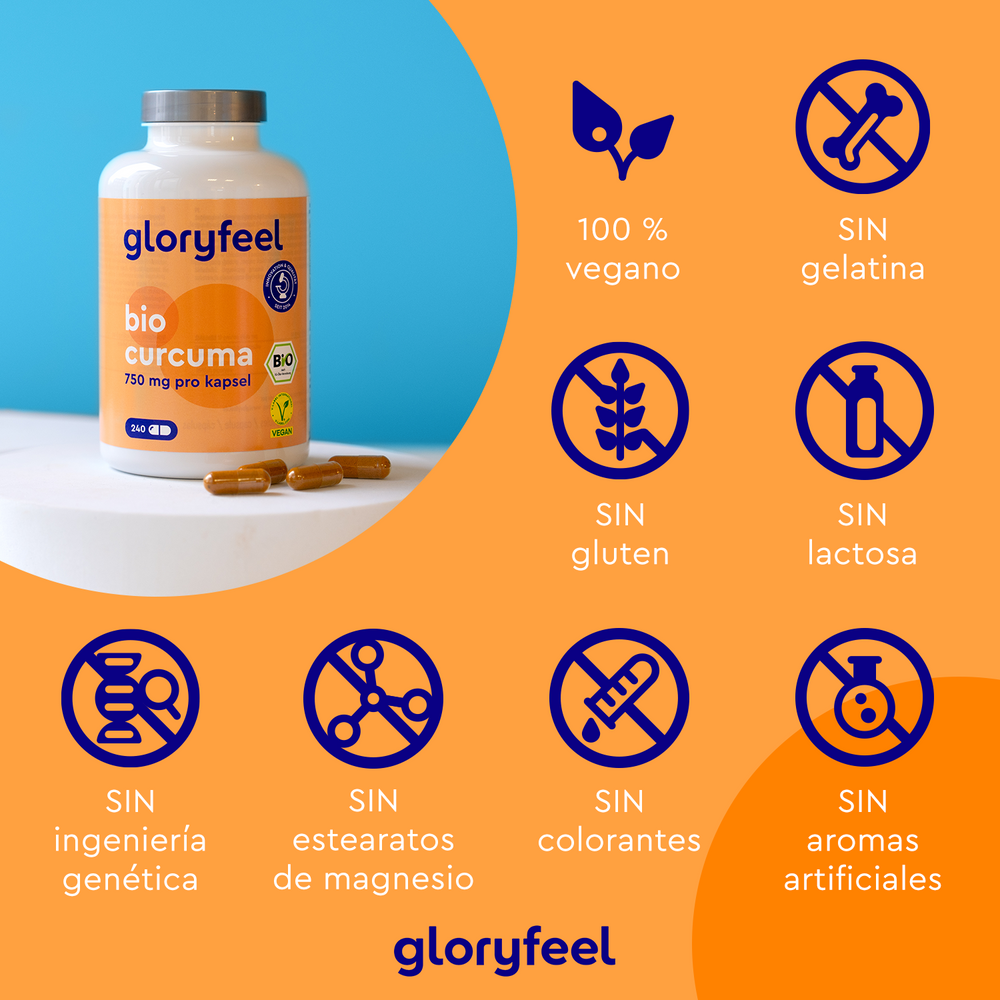 Una botella de Cúrcuma Bio en cápsulas de GloryFeel GmbH España se encuentra sobre una mesa, mostrando iconos que enfatizan su naturaleza vegana y su ausencia de gelatina, gluten, lactosa, OMG, estearato de magnesio, colorantes y aromas artificiales. Enriquecida con curcumina para obtener potentes beneficios antioxidantes.