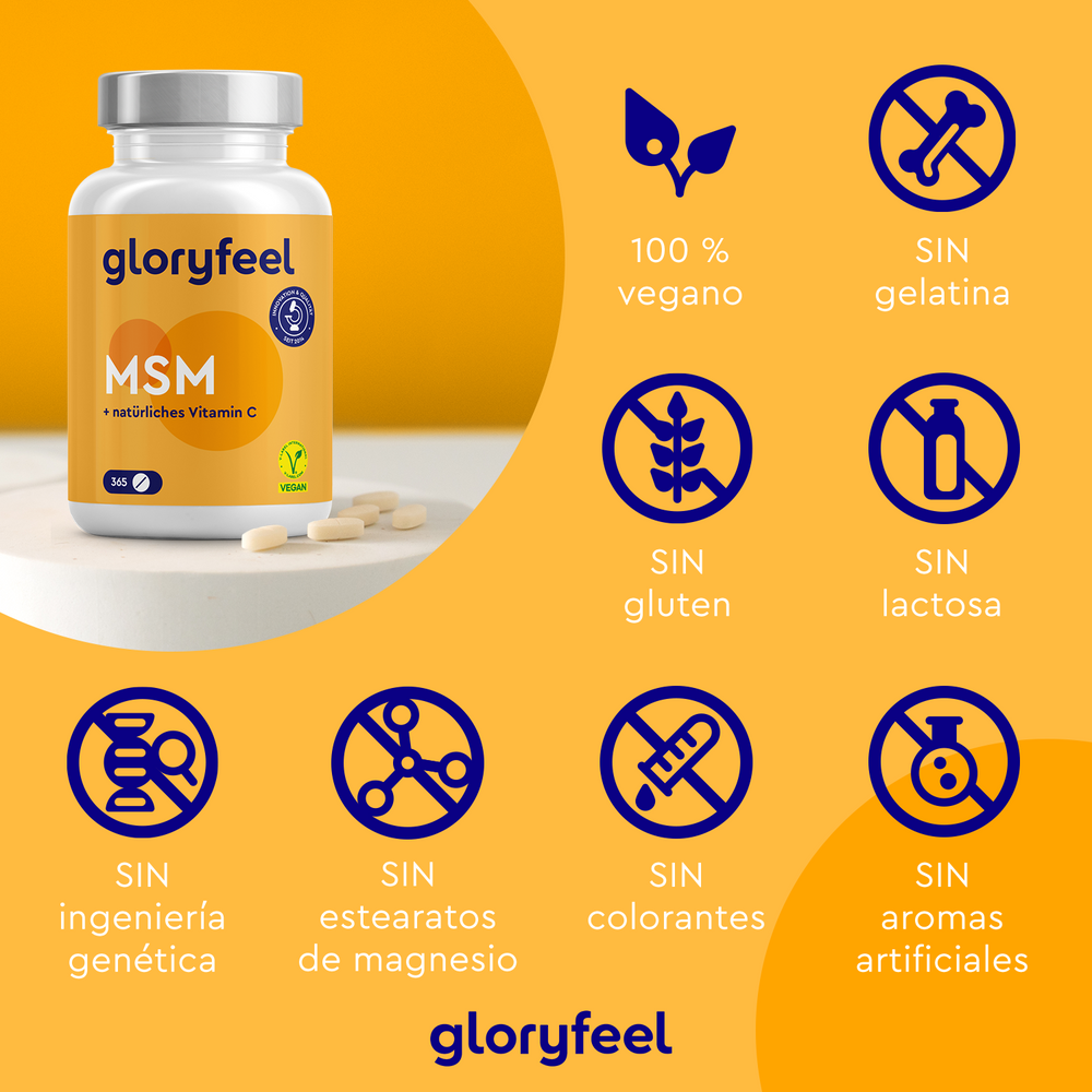 El MSM en tabletas de GloryFeel, con vitamina C, favorece la producción natural de colágeno mediante el uso de azufre orgánico. Es vegano y no contiene gelatina, gluten, lactosa, ingeniería genética, estearato de magnesio, colorantes ni saborizantes artificiales, ideal para un bienestar óptimo.