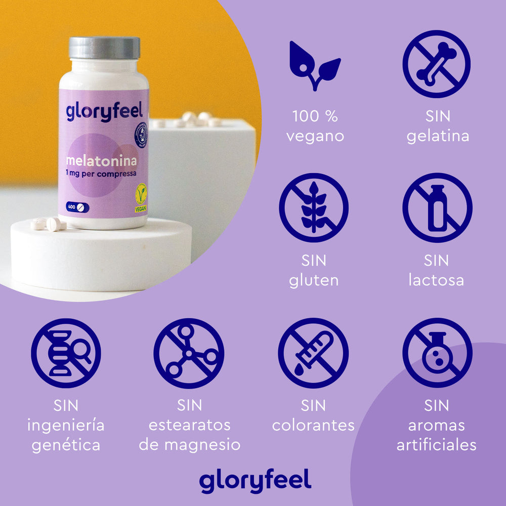 Se muestra un frasco de Melatonina 400 Tabletas de GloryFeel GmbH España, apto para personas con insomnio. Los iconos indican que es vegano y no contiene gelatina, gluten, lactosa, OMG, estearatos de magnesio, colorantes ni aromas artificiales, perfecto para aliviar el jet lag.